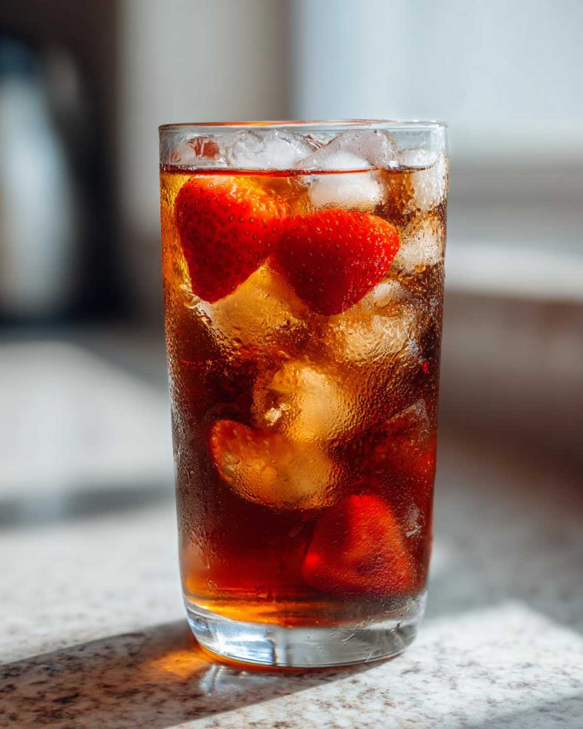 Close-up of a tall glass filled with Iced Strawberry Lemon Tea, ice cubes, and fresh strawberries.
