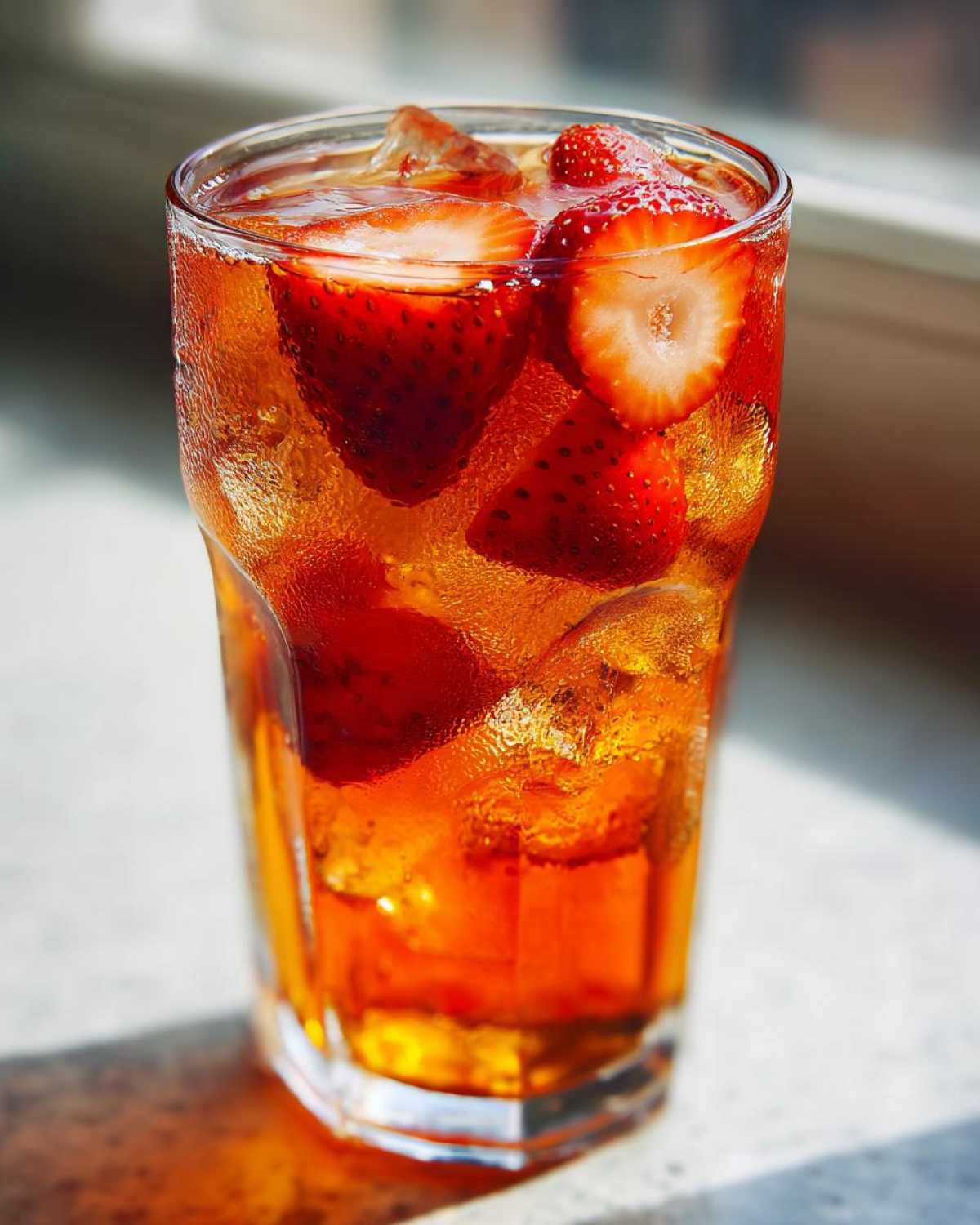 Close-up of a tall, sweating glass filled with Iced Strawberry Lemon Tea, ice, and sliced strawberries.