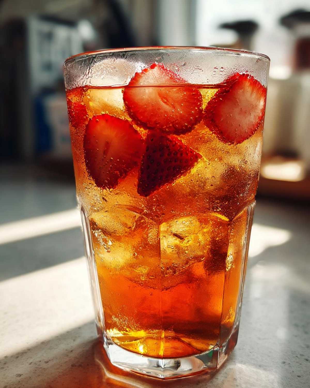 Close-up of a tall glass filled with Iced Strawberry Lemon Tea, ice cubes, and fresh strawberry slices.