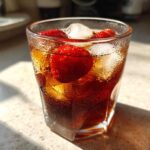 Close-up of a glass filled with Iced Strawberry Lemon Tea, ice cubes, and fresh strawberries.