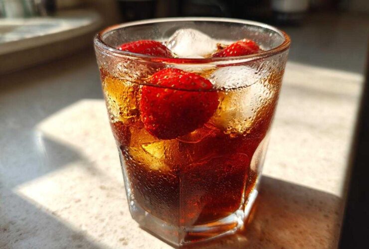 Close-up of a glass filled with Iced Strawberry Lemon Tea, ice cubes, and fresh strawberries.