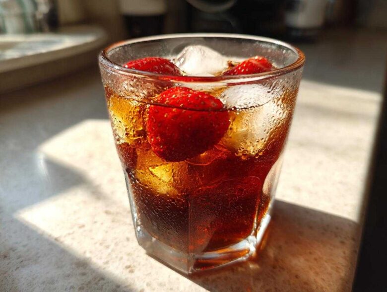 Close-up of a glass filled with Iced Strawberry Lemon Tea, ice cubes, and fresh strawberries.