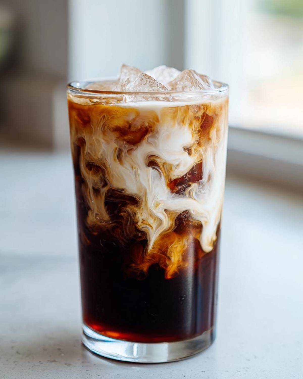 Close-up of an Iced Vanilla Chai Latte showing rich dark liquid mixing beautifully with white cream over ice cubes.