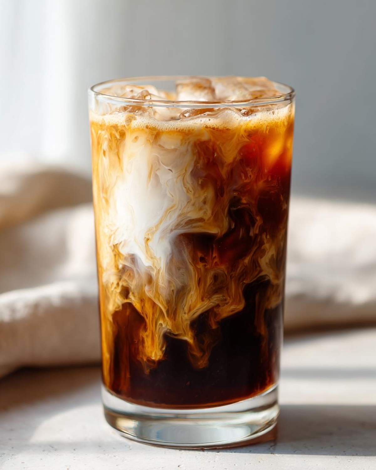 Close-up of an Iced Vanilla Chai Latte with cream swirling into the dark tea base over ice.