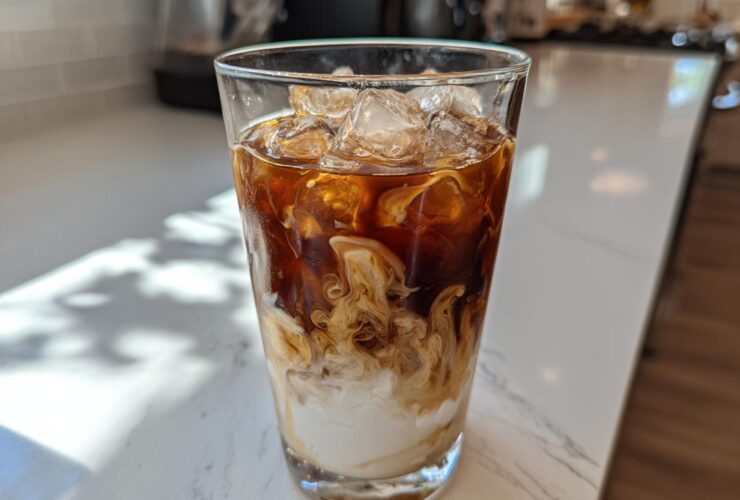 Close-up of an Iced Vanilla Chai Latte showing rich brown tea swirling into white milk over ice cubes.