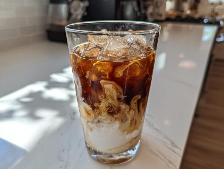 Close-up of an Iced Vanilla Chai Latte showing rich brown tea swirling into white milk over ice cubes.