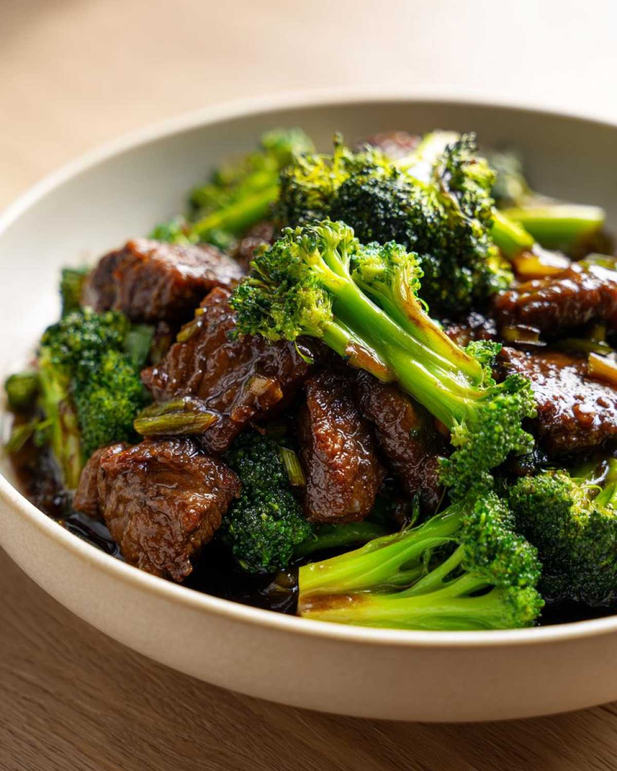 Close-up of tender beef pieces coated in savory sauce mixed with bright green broccoli florets in Instant Pot Beef and Broccoli.