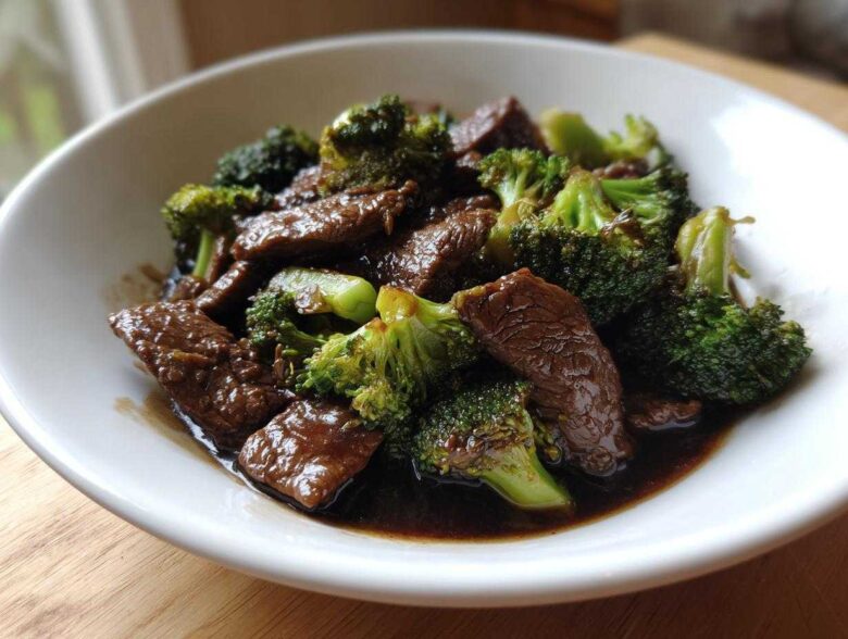 Close-up of tender beef slices and bright green broccoli florets coated in rich sauce for Instant Pot Beef and Broccoli.