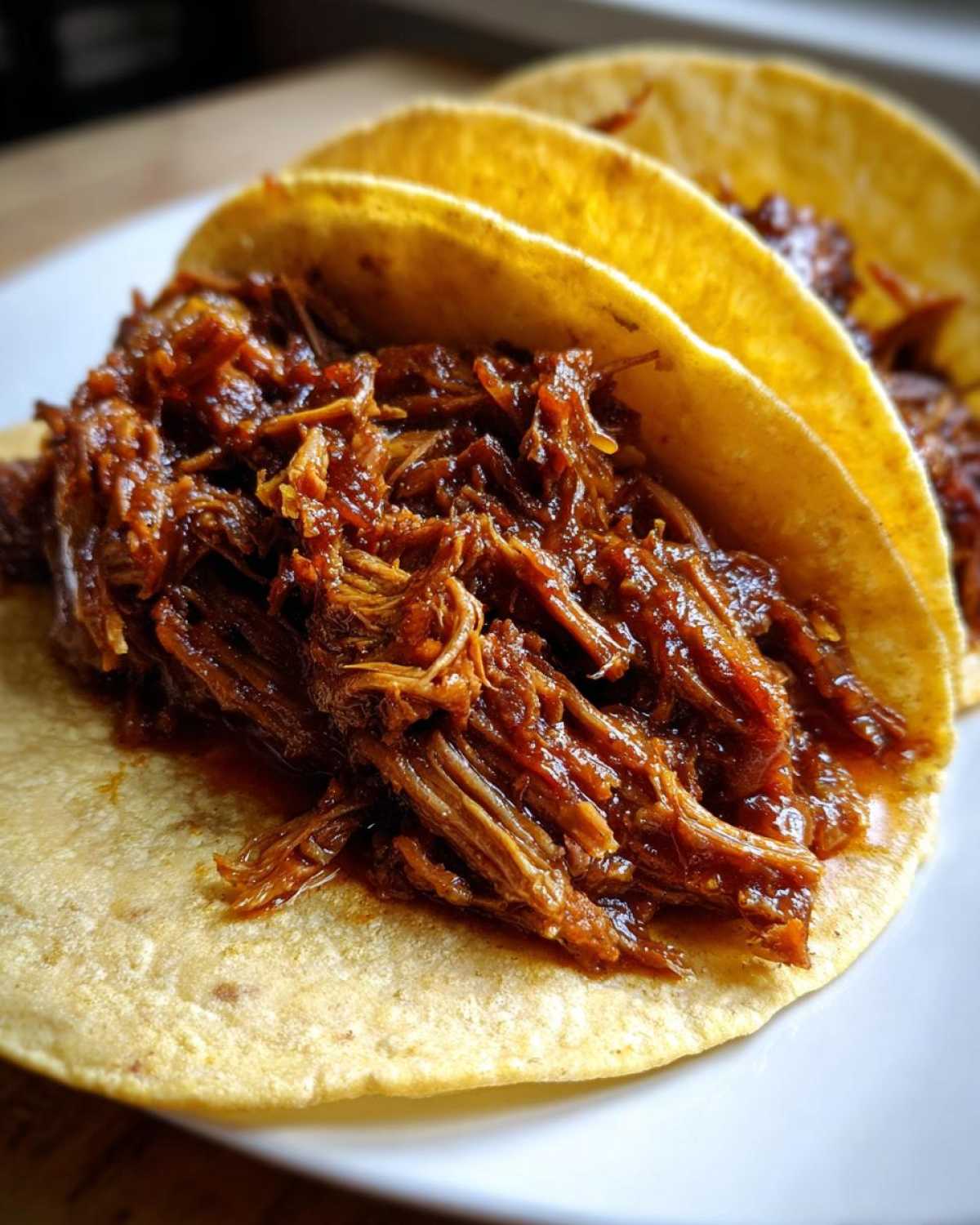 Close-up of two soft corn tortillas filled generously with saucy, shredded Instant Pot Beef Barbacoa.