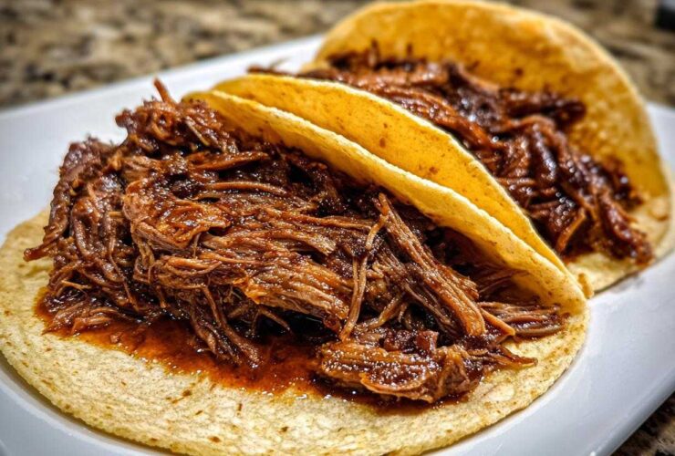 Close-up of two soft corn tortillas filled generously with shredded, saucy Instant Pot Beef Barbacoa.