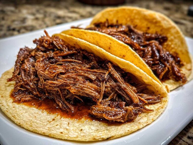 Close-up of two soft corn tortillas filled generously with shredded, saucy Instant Pot Beef Barbacoa.