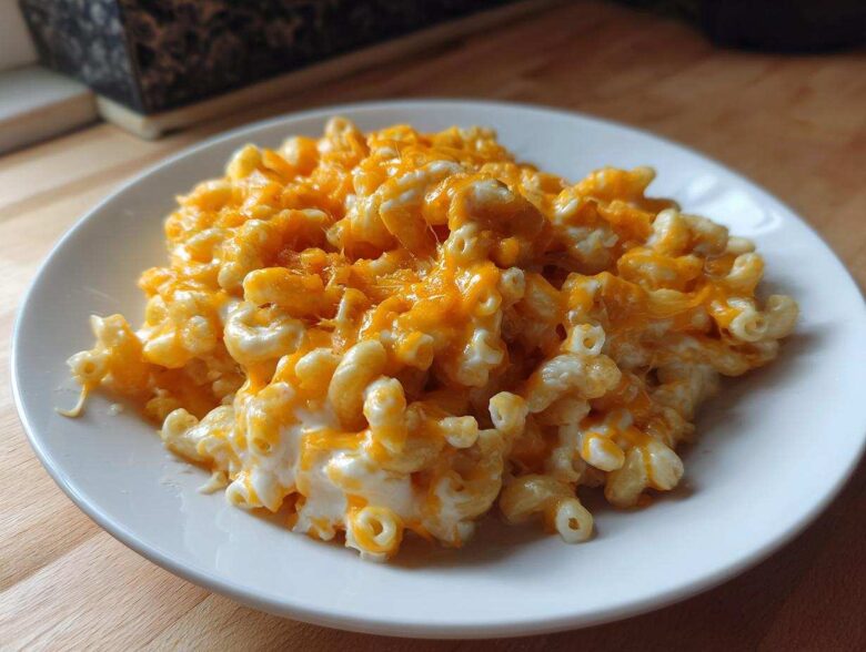 A close-up of creamy, cheesy Instant Pot Mac and Cheese topped with melted cheddar cheese on a white plate.
