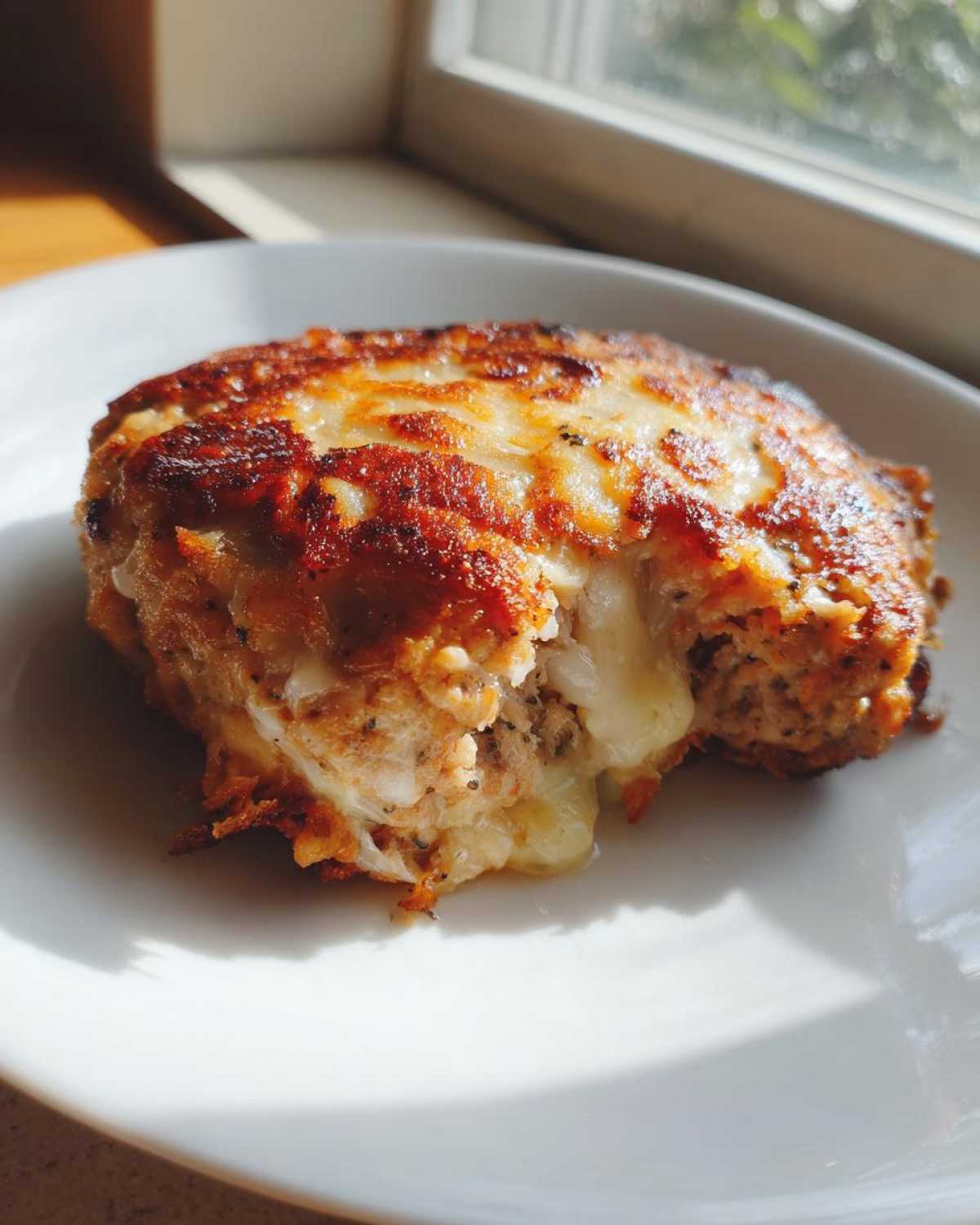 Close-up of a juicy Air Fryer Turkey Burger with a bite taken out, showing melted cheese oozing out.
