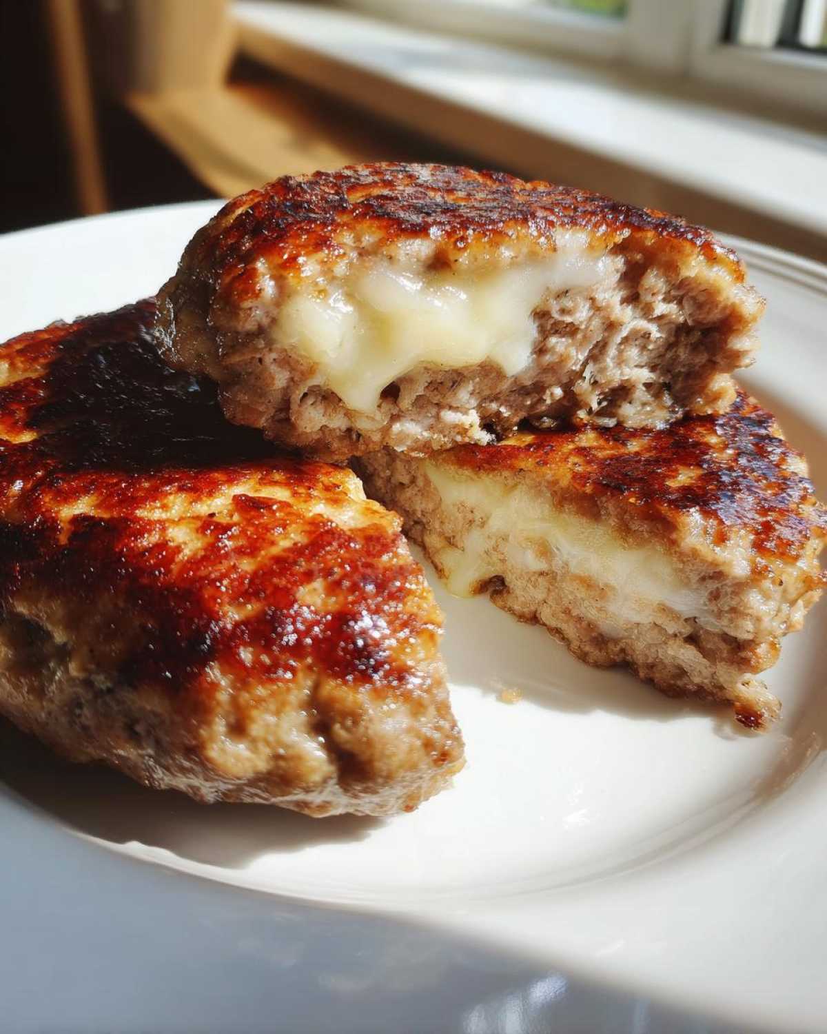 Close-up of juicy Air Fryer Turkey Burgers cut in half showing melted cheese inside.