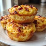 A stack of four golden-brown Keto Bacon and Egg Muffins with crispy bacon bits on top, served on a white plate.