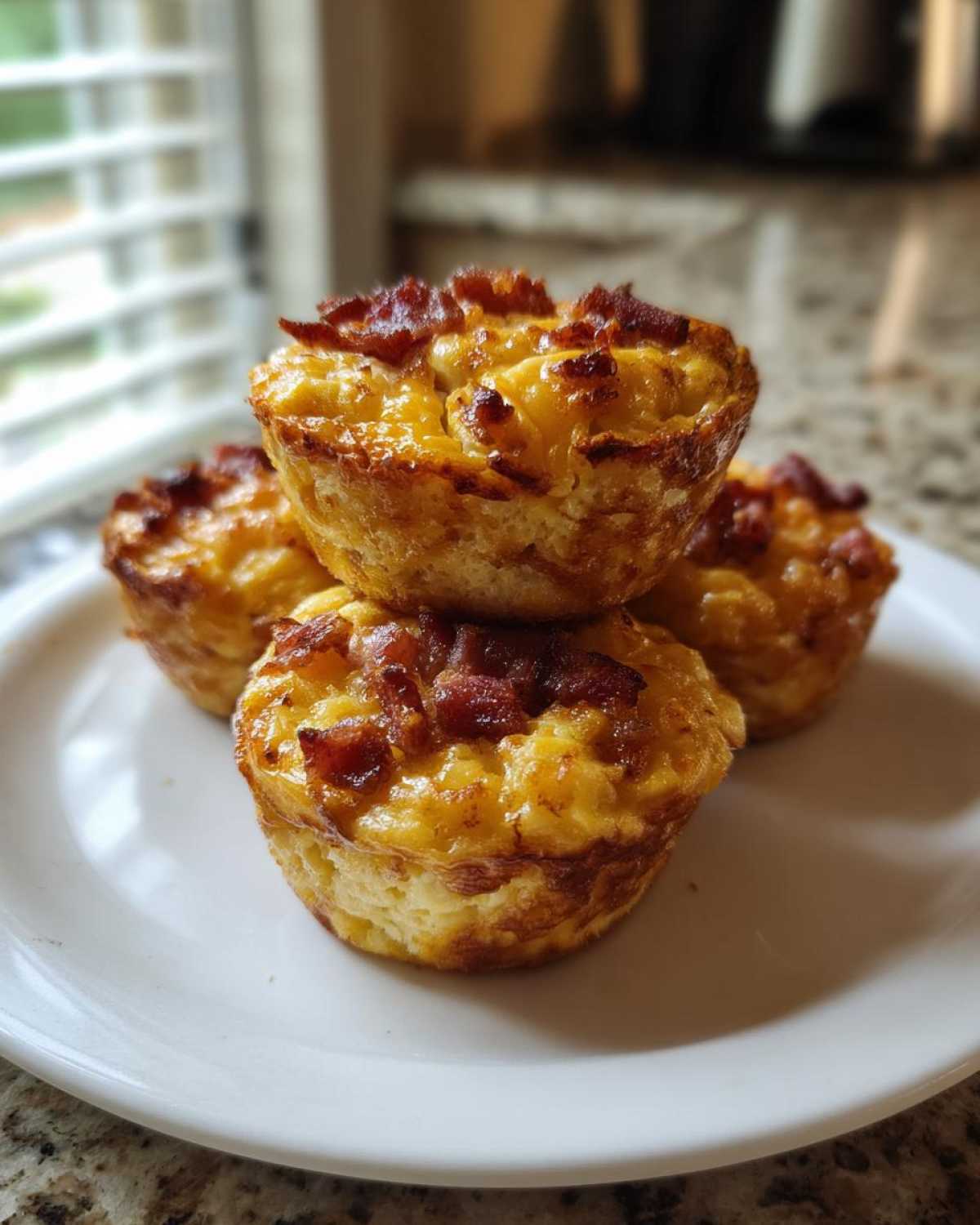 Four golden brown Keto Bacon and Egg Muffins stacked on a white plate, topped with crispy bacon bits.