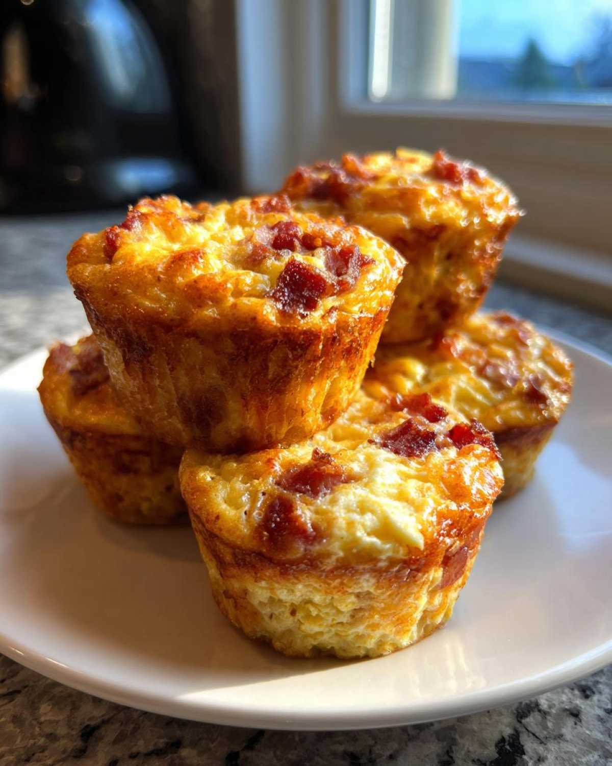 A stack of five golden-brown Keto Bacon and Egg Muffins with visible bacon pieces on a white plate.