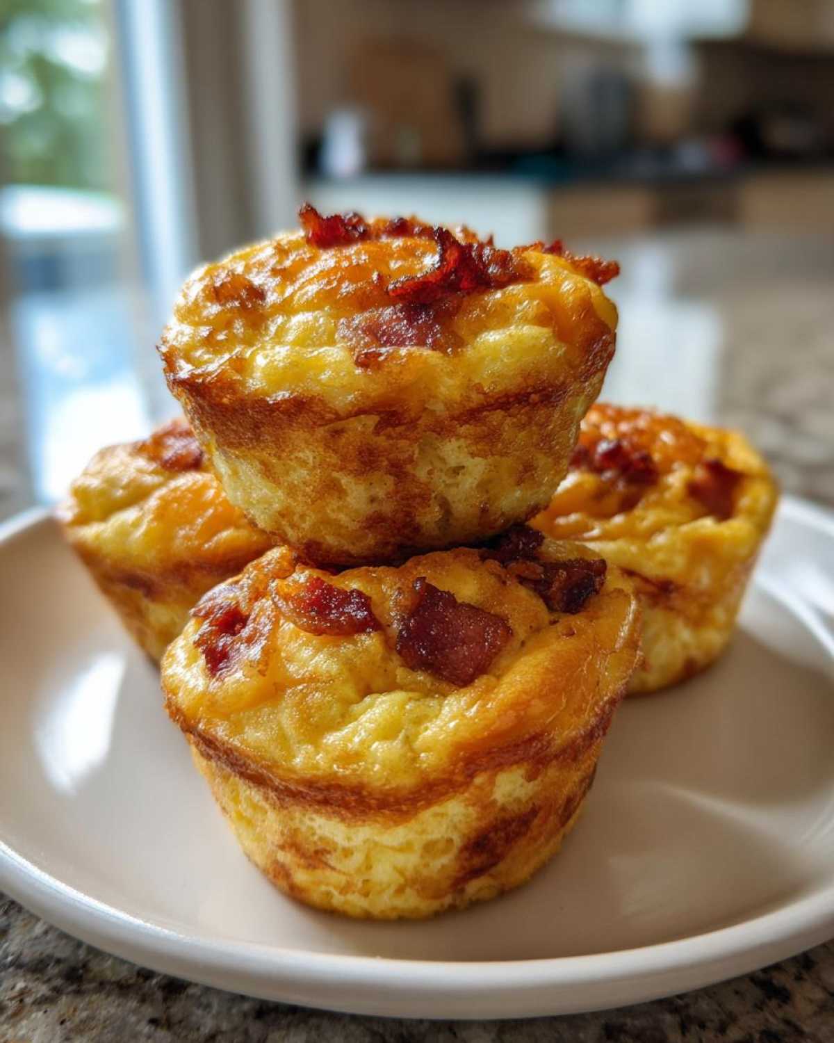 A stack of three golden brown Keto Bacon and Egg Muffins topped with crispy bacon pieces on a white plate.