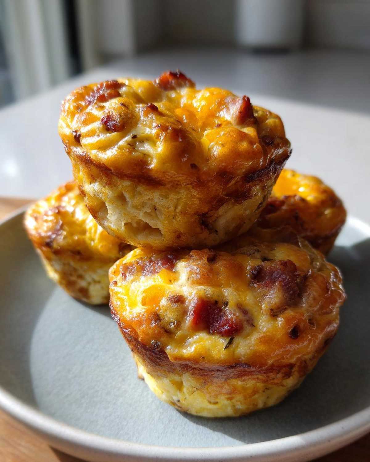 A stack of four golden-brown Keto Bacon and Egg Muffins on a light gray plate, showing melted cheese and bacon pieces.