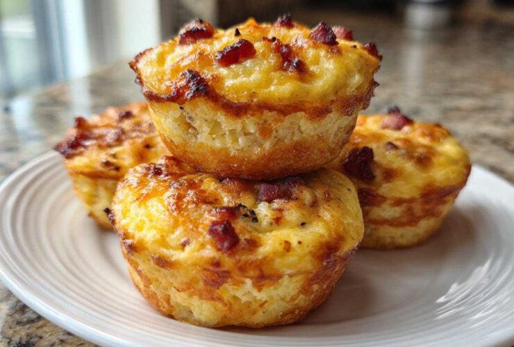 A stack of four golden-brown Keto Bacon and Egg Muffins with crispy bacon bits on top, served on a white plate.