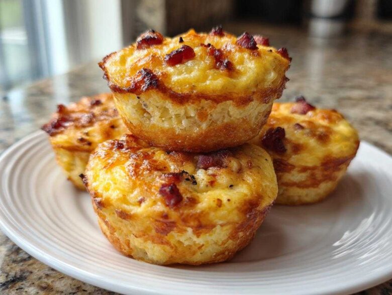 A stack of four golden-brown Keto Bacon and Egg Muffins with crispy bacon bits on top, served on a white plate.