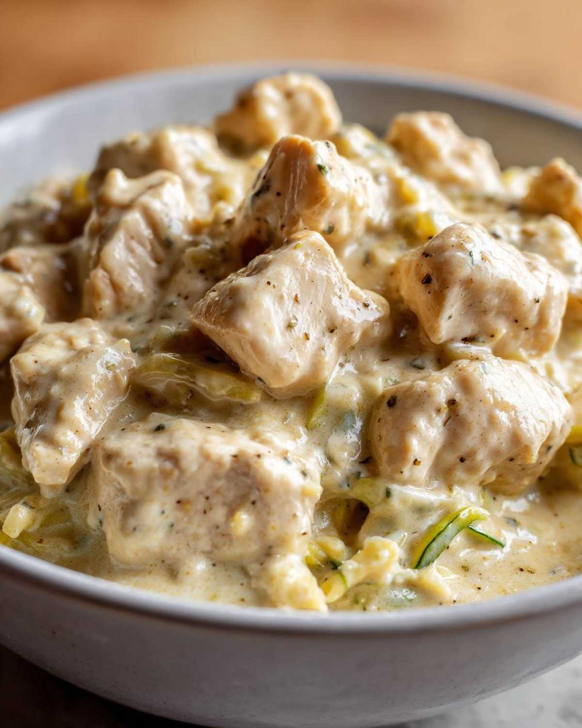 Close-up of tender chicken pieces smothered in rich Alfredo sauce served over zucchini noodles in a bowl of Keto Chicken Alfredo.
