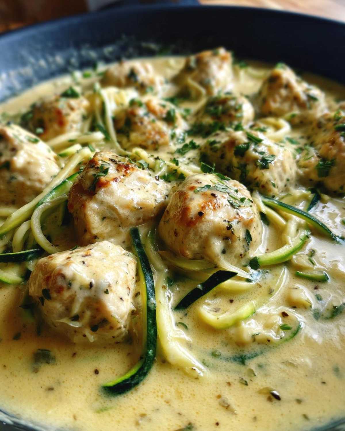 Close-up of Keto Chicken Alfredo featuring chicken meatballs and zucchini noodles in a creamy sauce.