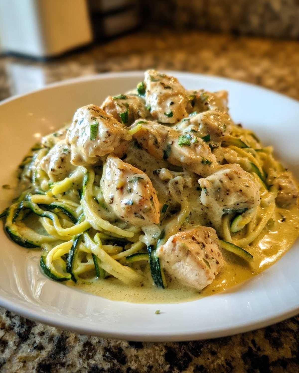 Close-up of Keto Chicken Alfredo served over zucchini noodles (zoodles) in a creamy sauce.