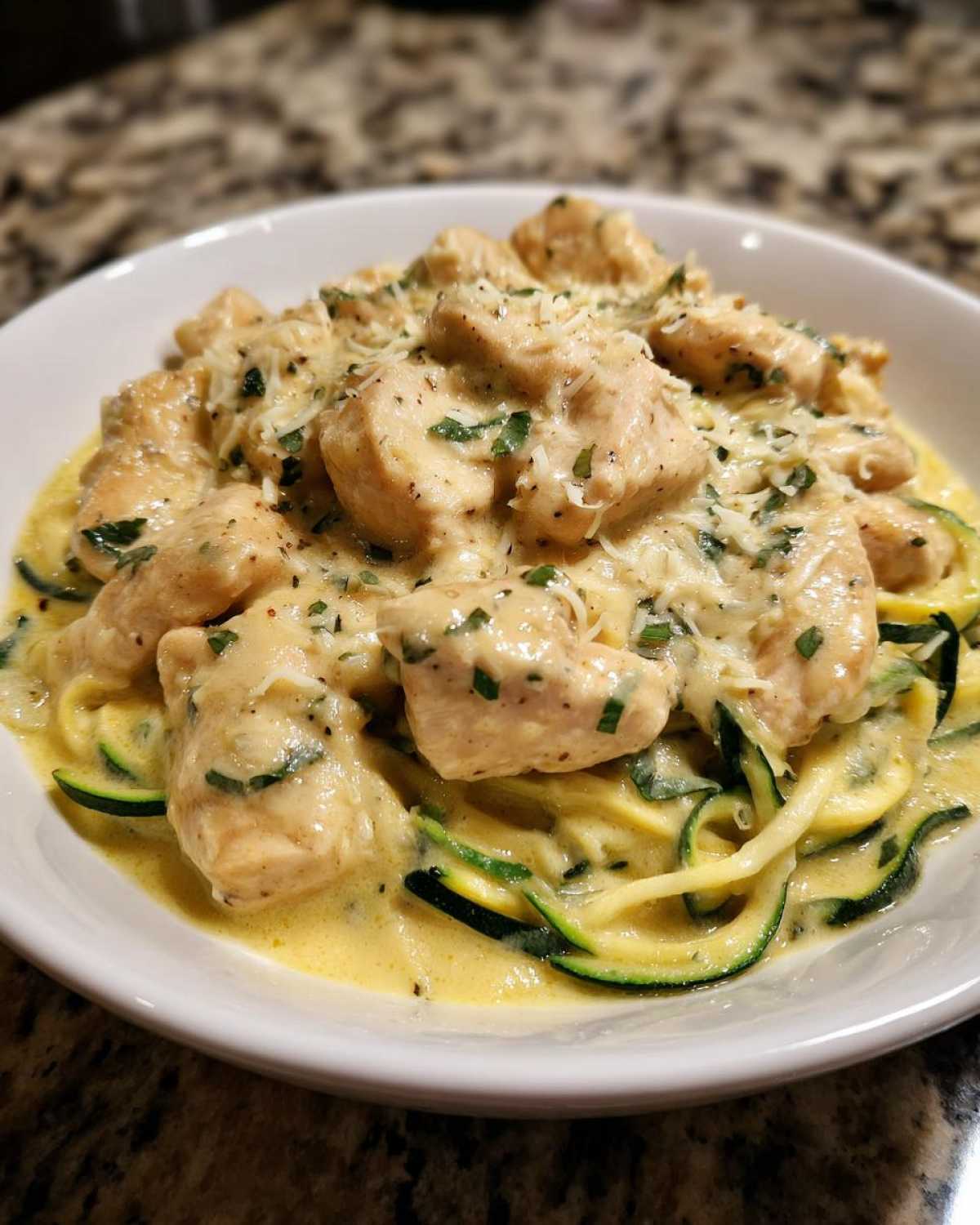 Close-up of Keto Chicken Alfredo featuring tender chicken pieces over zucchini noodles in a creamy sauce.