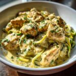 Close-up of Keto Chicken Alfredo served over zucchini noodles, covered in creamy sauce and garnished with parsley.