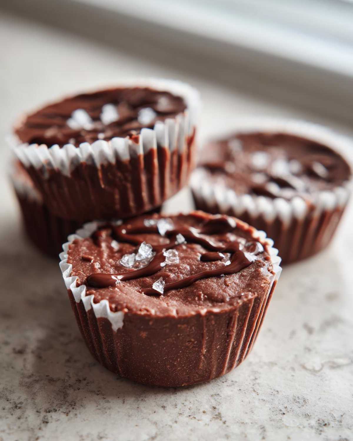 Three rich, dark chocolate Keto Chocolate Peanut Butter Fat Bombs topped with a drizzle and sea salt flakes.