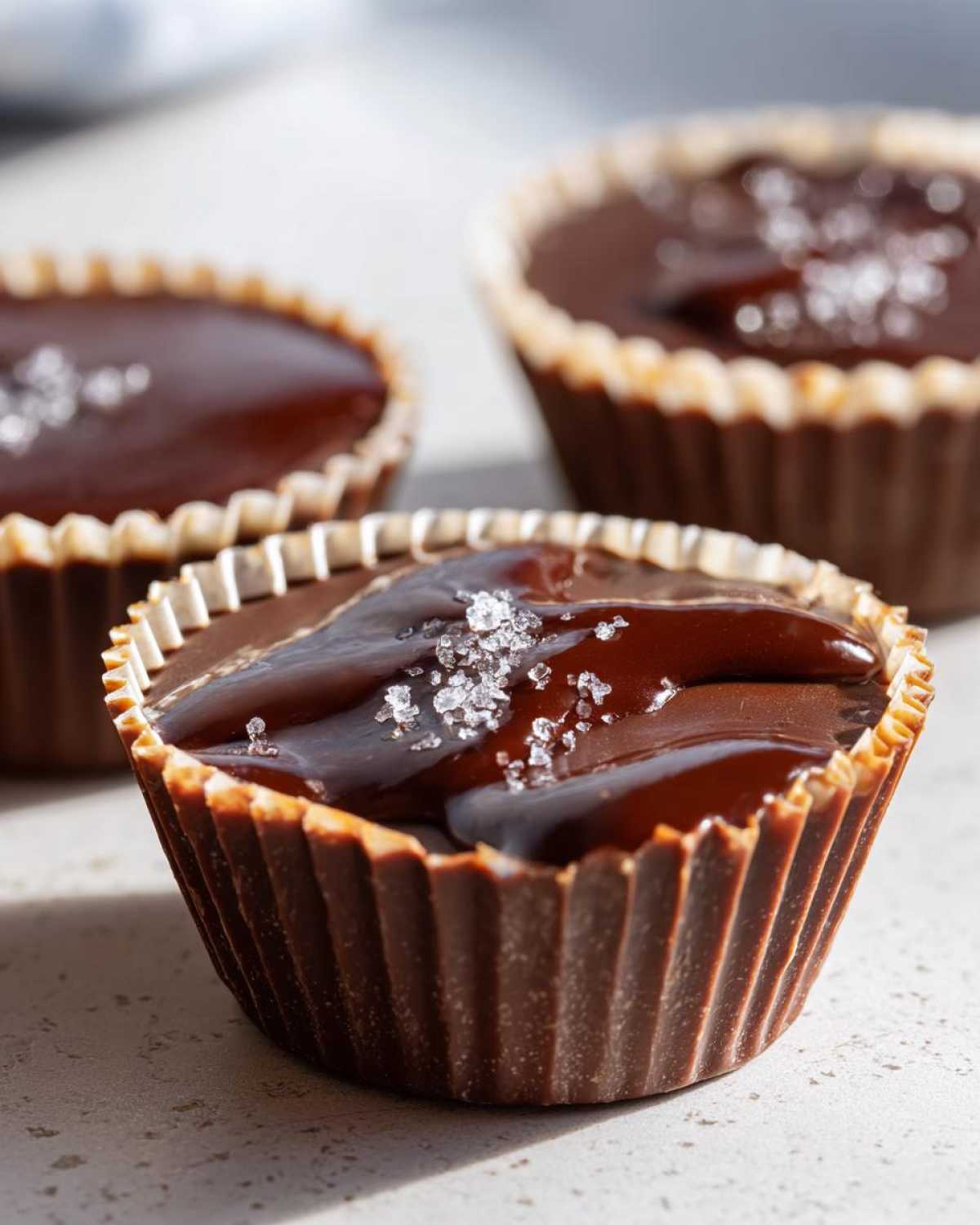 Close-up of a Keto Chocolate Peanut Butter Fat Bomb topped with melted chocolate and sea salt flakes.
