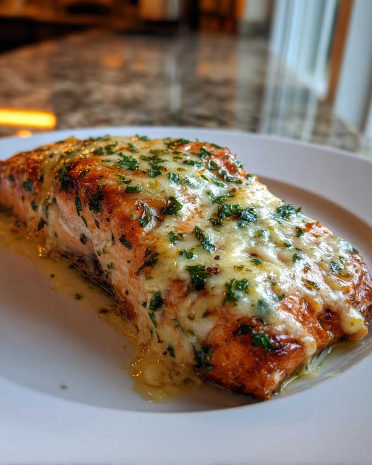 A perfectly cooked fillet of Keto Garlic Butter Salmon topped with melted cheese and fresh parsley.