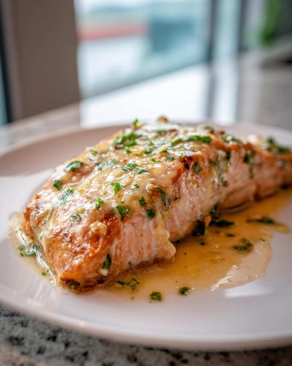 Close-up of a perfectly cooked Keto Garlic Butter Salmon fillet generously topped with garlic butter sauce and fresh parsley.