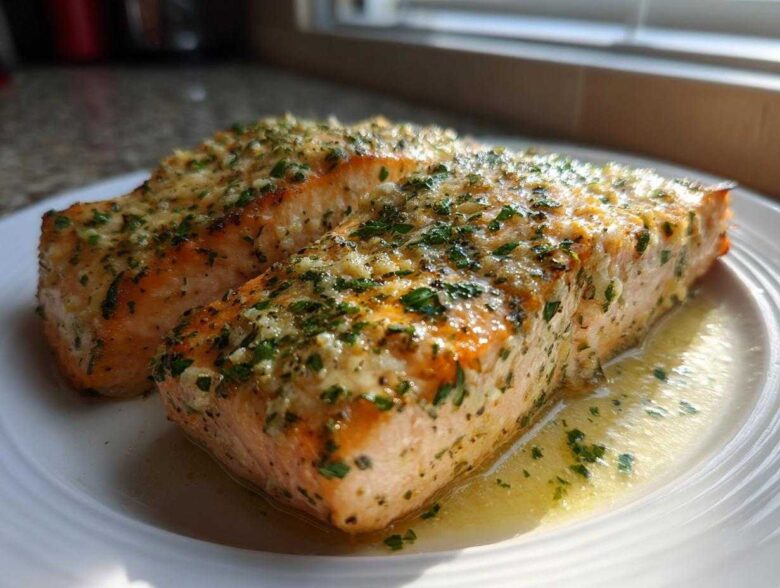 Two perfectly cooked fillets of Keto Garlic Butter Salmon glistening with melted butter and herbs on a white plate.