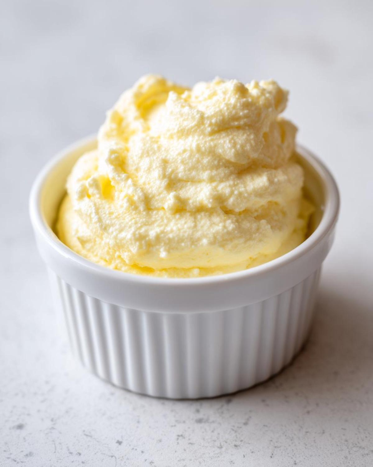 Close-up of light yellow, fluffy Keto Lemon Cheesecake Mousse served in a white, ribbed ramekin.