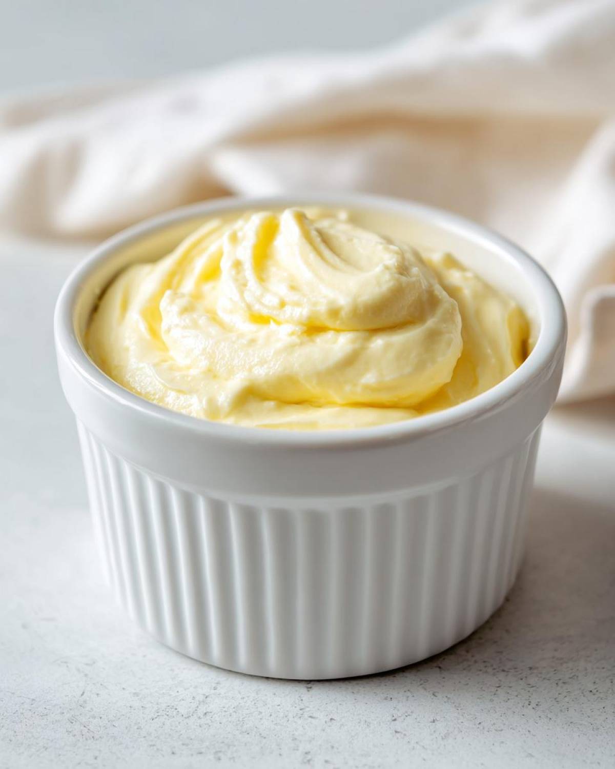 A close-up of smooth, pale yellow Keto Lemon Cheesecake Mousse swirled in a white fluted ramekin.