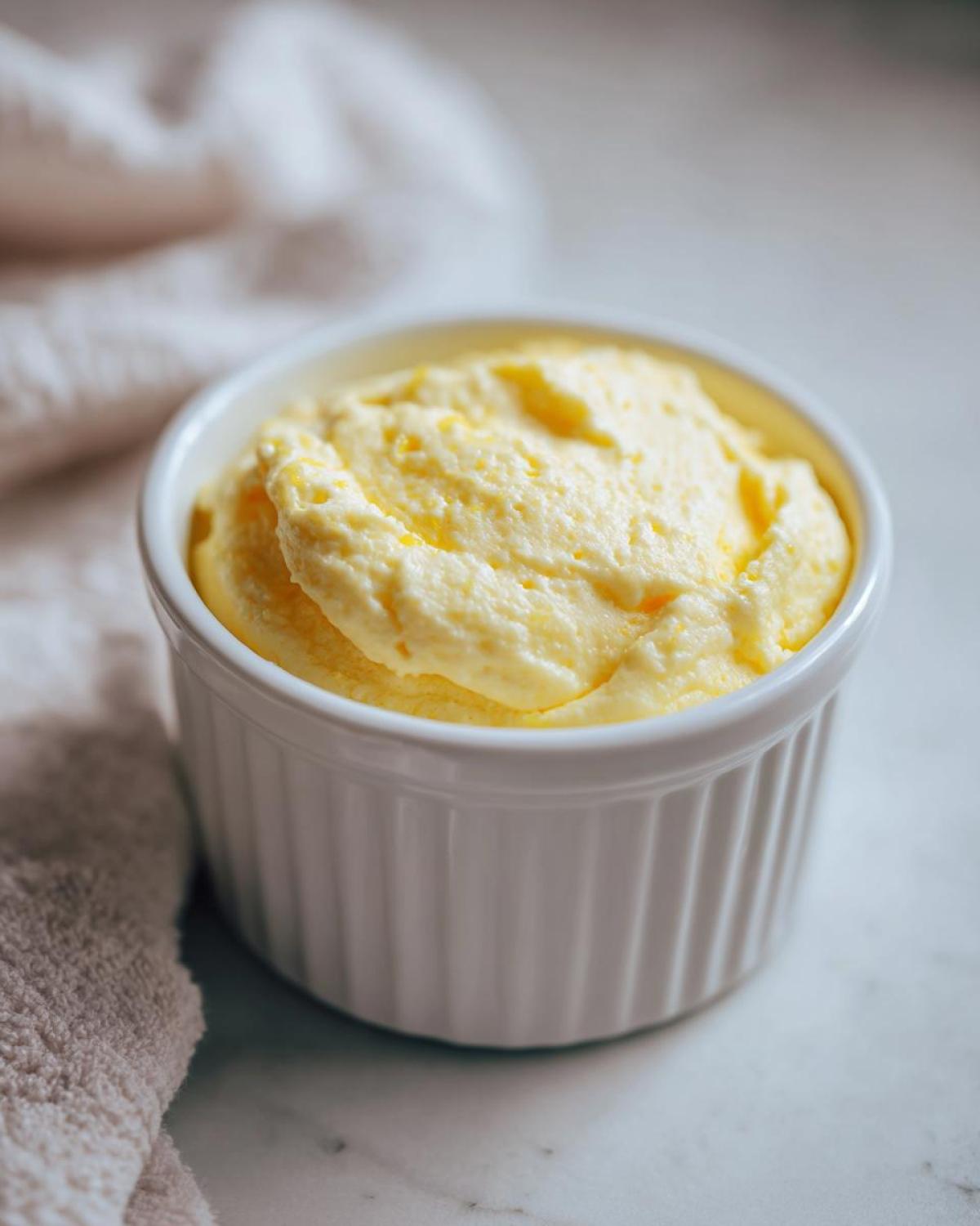 A close-up of light yellow Keto Lemon Cheesecake Mousse served in a white fluted ramekin.
