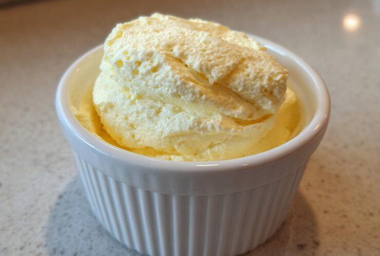 Close-up of light yellow, airy Keto Lemon Cheesecake Mousse served in a small white fluted ramekin.