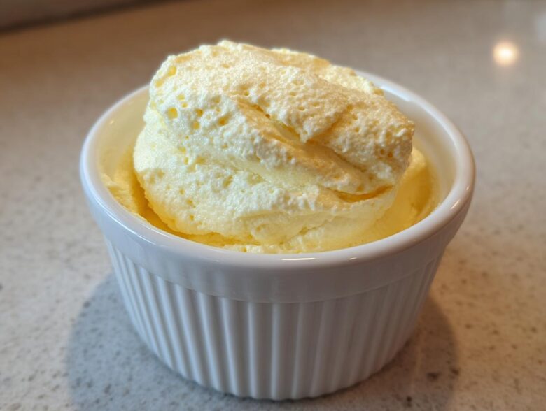 Close-up of light yellow, airy Keto Lemon Cheesecake Mousse served in a small white fluted ramekin.