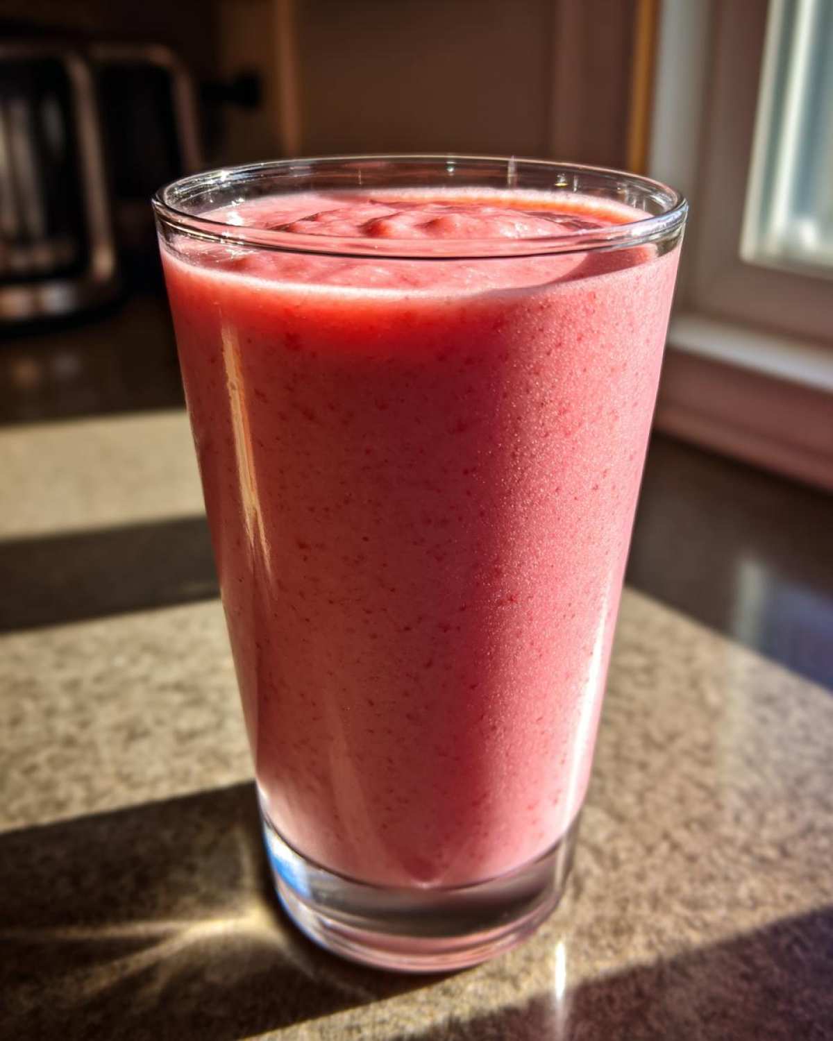 A tall glass filled with a thick, pink Keto Strawberry Cheesecake Smoothie, sitting on a countertop in natural light.