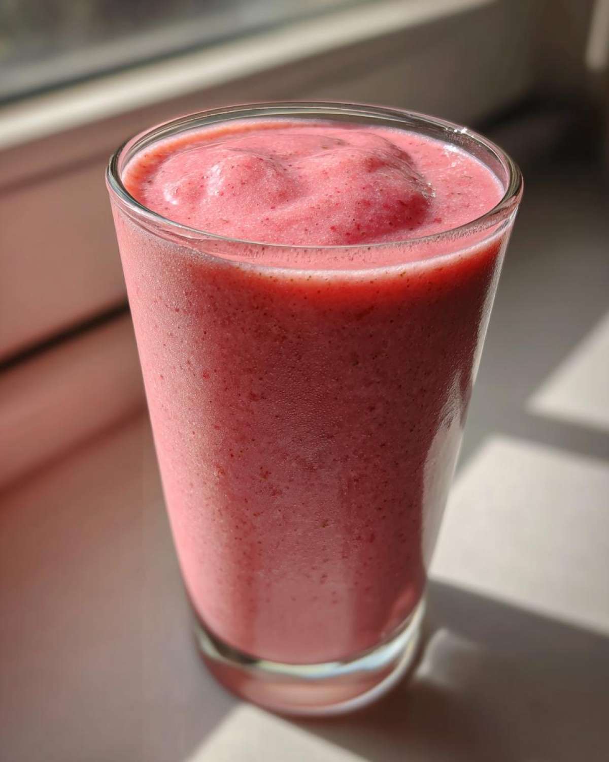 A tall glass filled with a thick, pink Keto Strawberry Cheesecake Smoothie, sitting in sunlight.