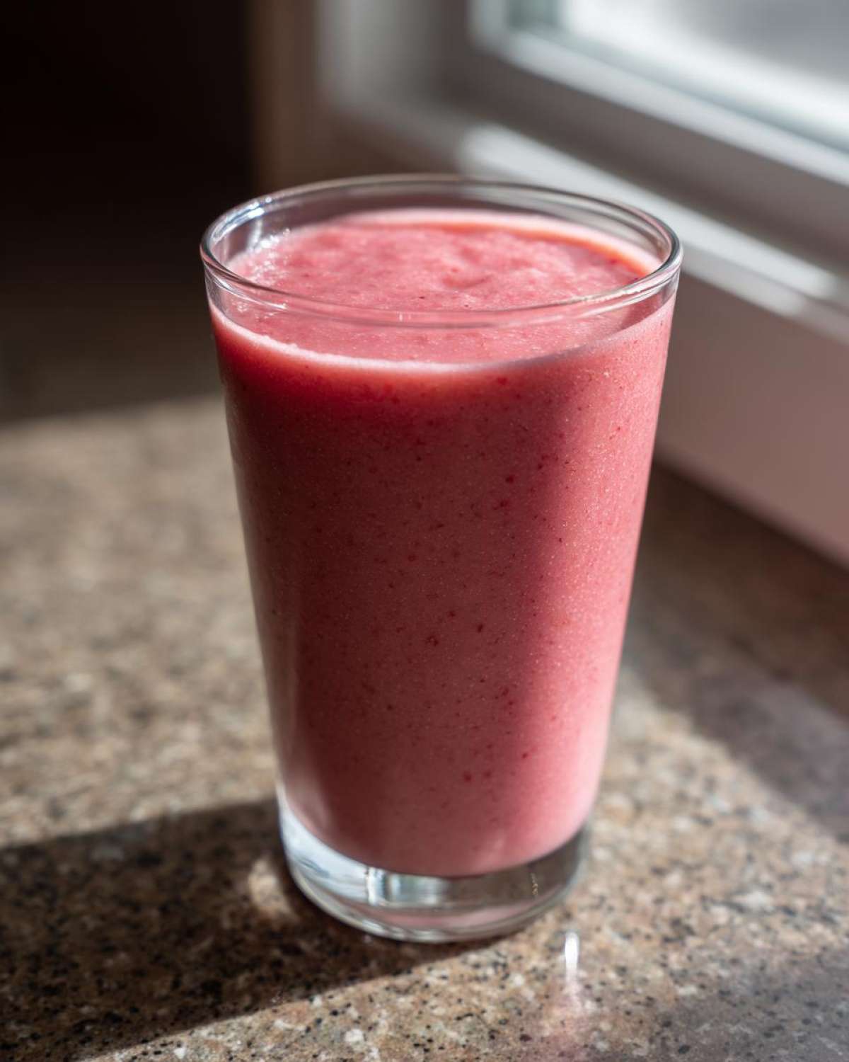 A tall glass filled with a thick, pink Keto Strawberry Cheesecake Smoothie sitting on a granite countertop near a window.