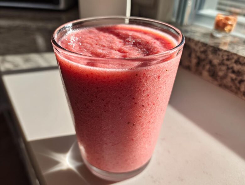 A tall glass filled with a thick, pink Keto Strawberry Cheesecake Smoothie, sitting in bright sunlight.