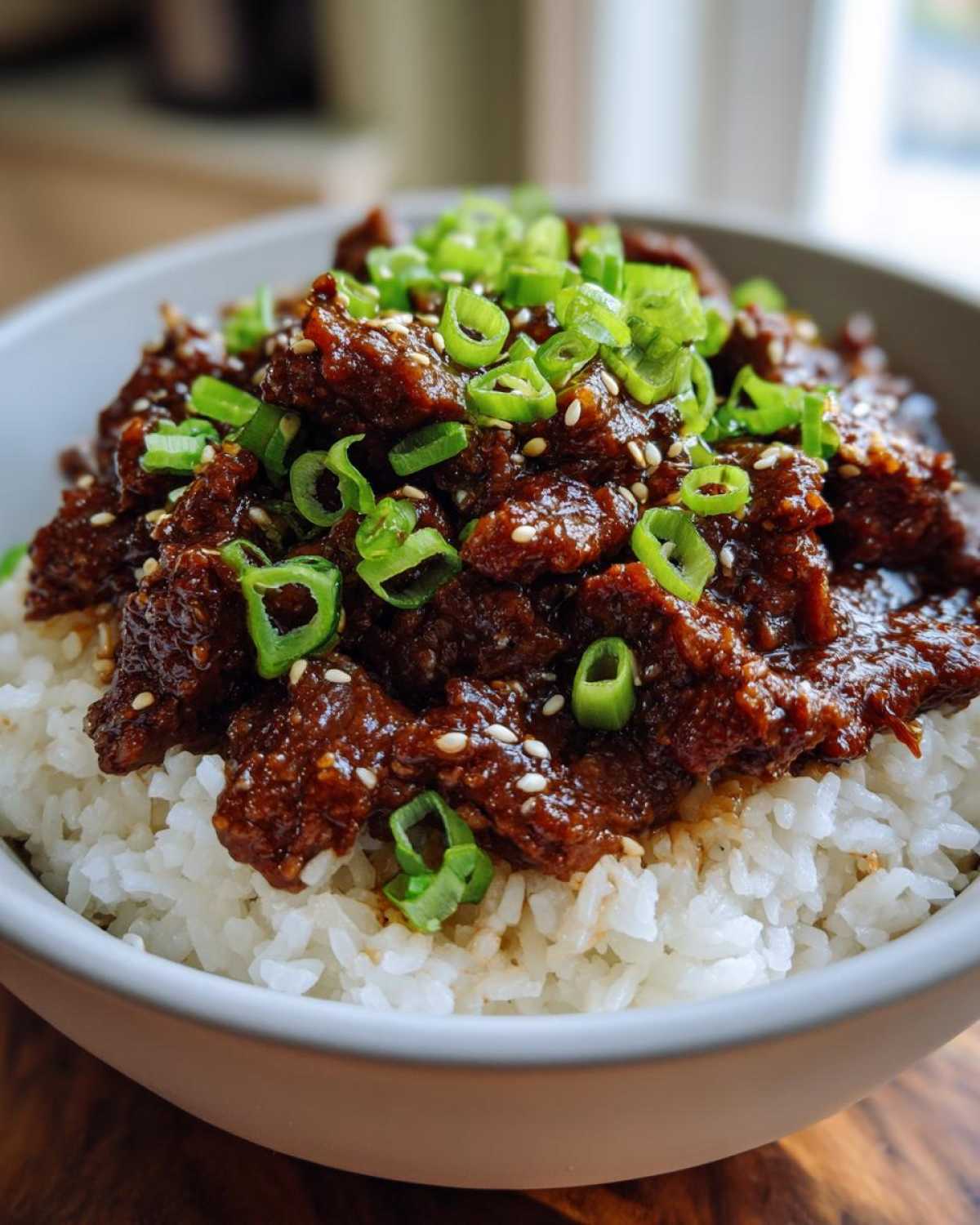 Close-up of a bowl filled with white rice topped with saucy Korean Ground Beef Bulgogi and garnished with green onions and sesame seeds.