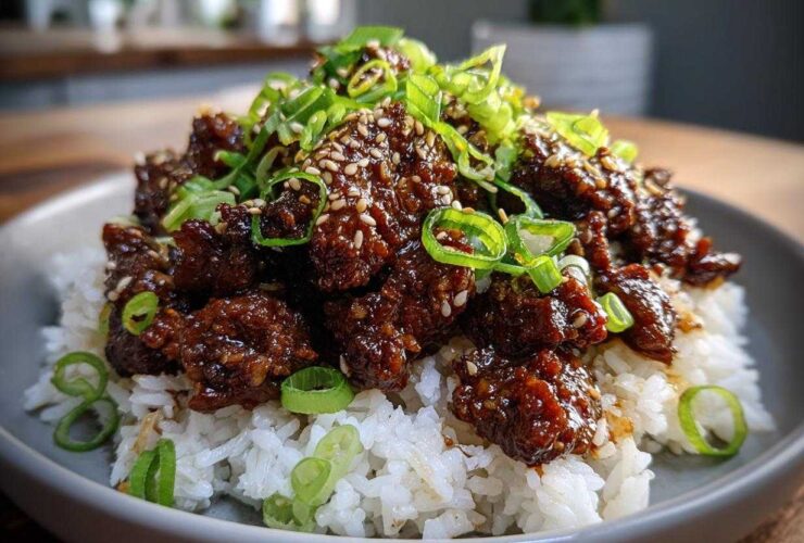 Close-up of Korean Ground Beef Bulgogi Bowls featuring saucy beef over white rice, garnished with sesame seeds and green onions.