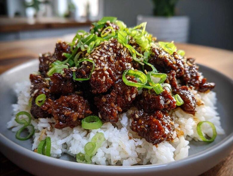 Close-up of Korean Ground Beef Bulgogi Bowls featuring saucy beef over white rice, garnished with sesame seeds and green onions.