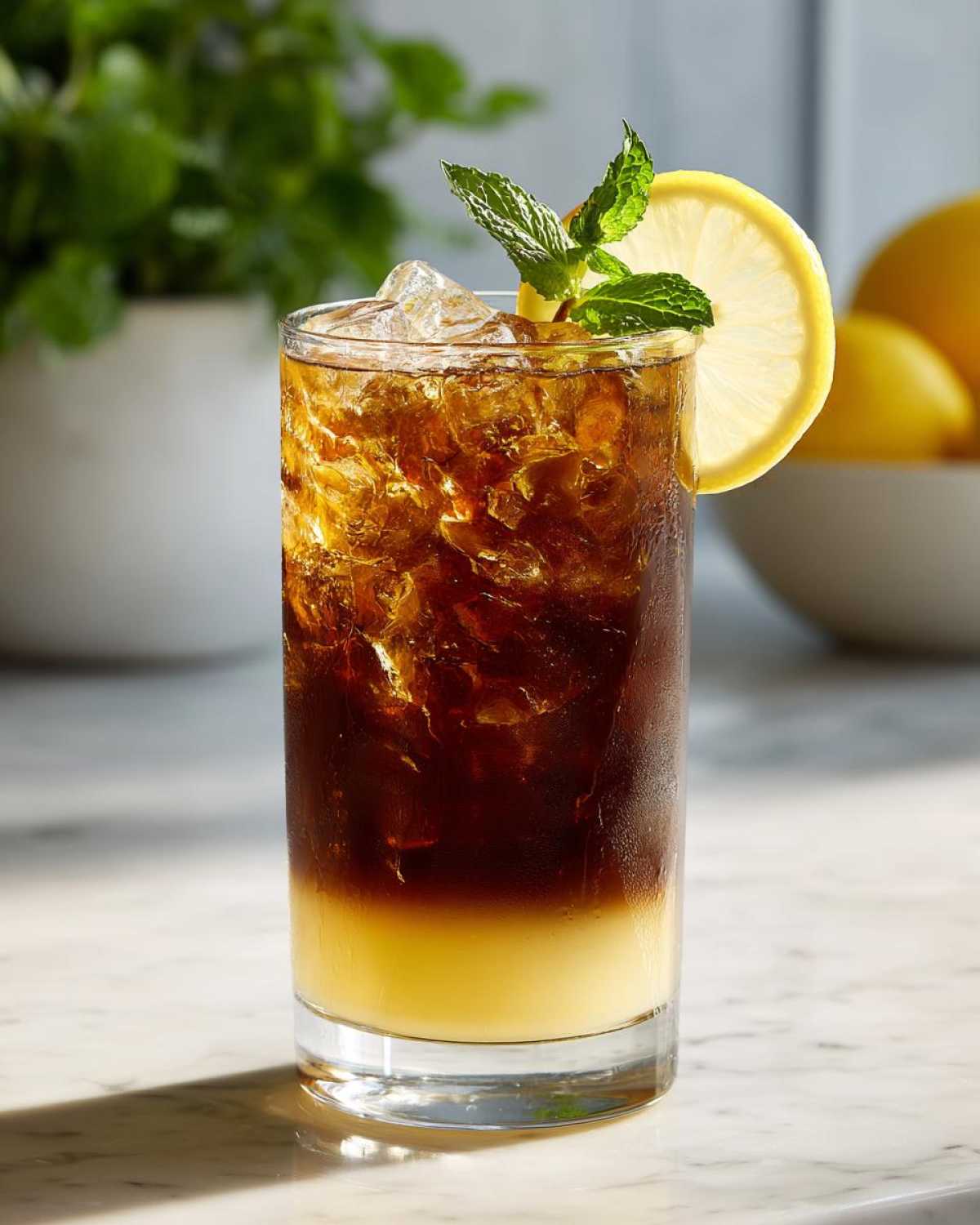 A tall glass showing layered Cold Brew Lemonade with dark coffee over yellow lemonade, garnished with mint and lemon.