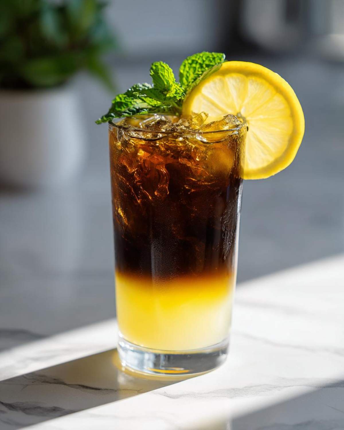 A tall glass showing layered Cold Brew Lemonade with dark coffee floating over bright yellow lemonade, garnished with mint and a lemon slice.