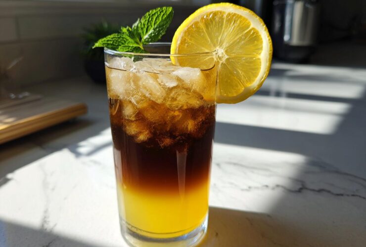 A tall glass featuring layered Cold Brew Lemonade with bright yellow lemonade on the bottom and dark cold brew coffee floating above ice.